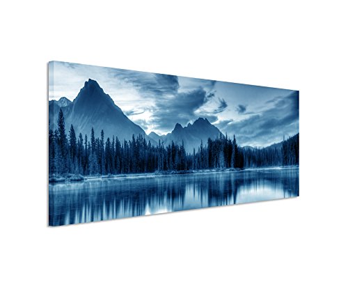 Sinus Art 150x50cm Wandbild – Farbe Blau Petrol Panoramabild Wandbild auf echter Leinwand in sehr hoher Qualität - Sonnenaufgang Spillway Lake Kanada von Sinus Art