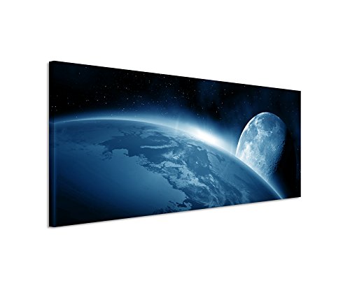 Sinus Art 150x50cm Wandbild – Farbe Blau Petrol Panoramabild Wandbild auf echter Leinwand in sehr hoher Qualität - Weltall Erde Mond Sonnenaufgang von Sinus Art