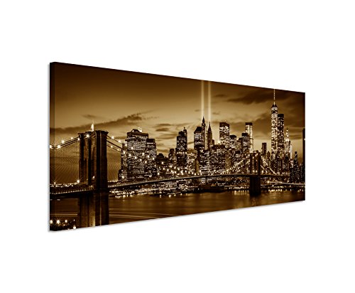 150x50cm Wandbild Panorama Fotoleinwand Bild in Sepia New York Brooklyn Bridge Manhattan River Hudson Boot von Sinus Art