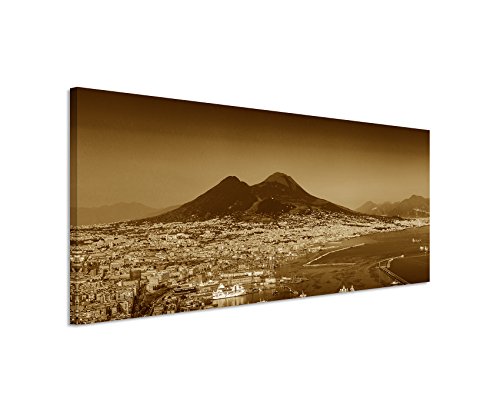 150x50cm Wandbild Panorama Fotoleinwand Bild in Sepia Stadt Napoli (Neapel) Sonnenuntergang von Sinus Art