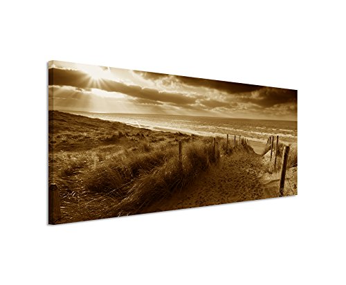 150x50cm Wandbild Panorama Fotoleinwand Bild in Sepia Strand Sonnenuntergang Holland von Sinus Art