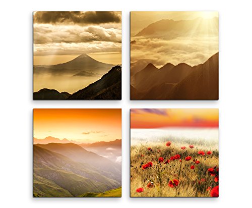 4 teiliges Leinwandbild je 20x20cm - Gebirge Landschaft Mohnblumen Natur von Sinus Art