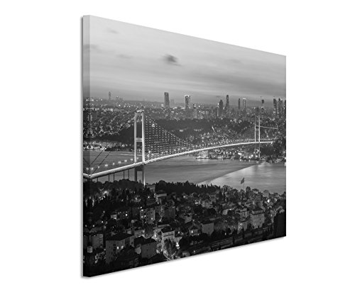 50x70cm Wandbild Fotoleinwand Bild in Schwarz Weiss Bosporusbrücke Istanbul Sonnenuntergang von Sinus Art