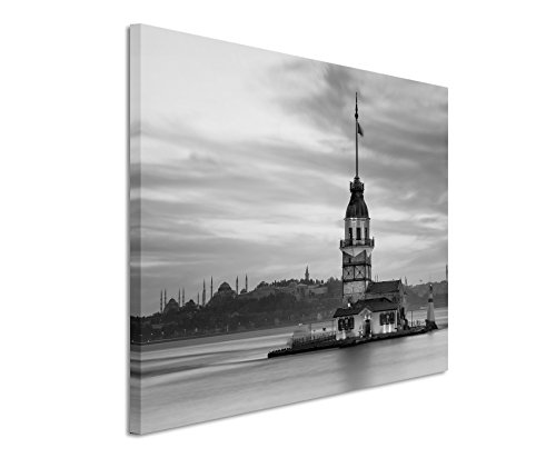 50x70cm Wandbild Fotoleinwand Bild in Schwarz Weiss Leanderturm Istanbul von Sinus Art