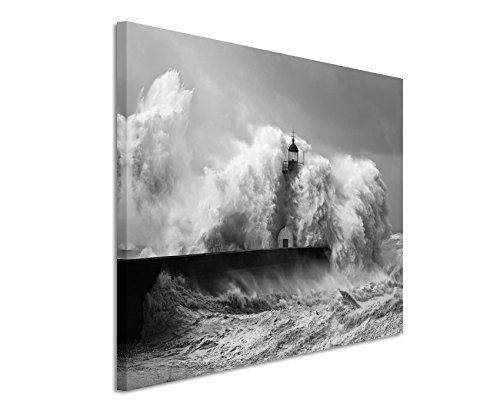 50x70cm Wandbild Fotoleinwand Bild in Schwarz Weiss Leuchtturm im Sturm Fluss Douro von Sinus Art