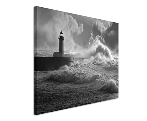 50x70cm Wandbild Fotoleinwand Bild in Schwarz Weiss Leuchtturm im Sturm Portugal von Sinus Art