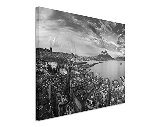 50x70cm Wandbild Fotoleinwand Bild in Schwarz Weiss Panorama Neapel Italien von Sinus Art