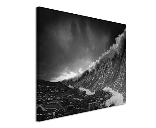 50x70cm Wandbild Fotoleinwand Bild in Schwarz Weiss Tsunami Wellen von Sinus Art