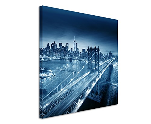60x60cm Wandbild Fotoleinwand Bild in Blau New York -city Sonnenaufgang Manhattan Brooklyn- Brücke von Sinus Art