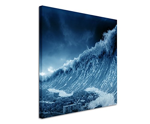 60x60cm Wandbild Fotoleinwand Bild in Blau Tsunami Wellen von Sinus Art