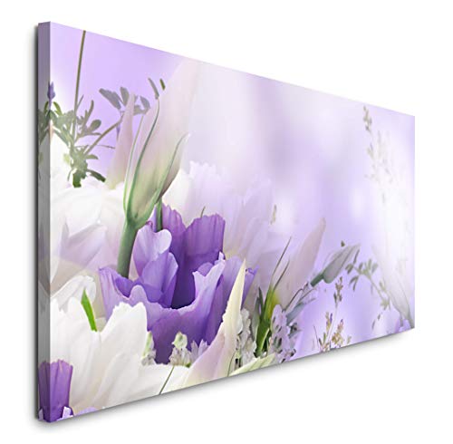 Paul Sinus Art GmbH Blumen in weiß und Lila 120x 50cm Panorama Leinwand Bild XXL Format Wandbilder Wohnzimmer Wohnung Deko Kunstdrucke von Sinus Art