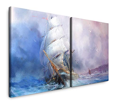 Paul Sinus Art GmbH Gemälde mit Segelschiff 120x60cm - 2 Wandbilder je 60x60cm Kunstdruck modern Wandbilder XXL Wanddekoration Design Wand Bild von Sinus Art