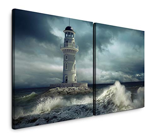 Paul Sinus Art GmbH Leuchtturm im Meer 120x60cm - 2 Wandbilder je 60x60cm Kunstdruck modern Wandbilder XXL Wanddekoration Design Wand Bild von Sinus Art