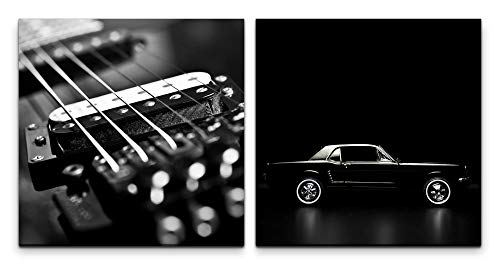 Paul Sinus Art Wandbild 2x60x60cm E-Gitarre Oldtimer Ford Mustang Schwarz Weiß Gitarre Musik Traumauto von Sinus Art