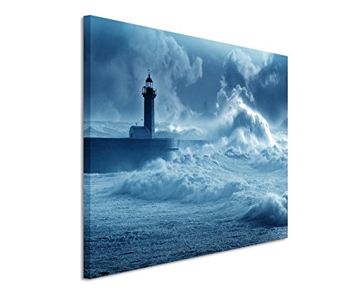 Sinus Art 120x80cm Wandbild – Farbe Blau Petrol - Leinwandbild auf Keilrahmen in Bester Qualität - Leuchtturm im Sturm Portugal von Sinus Art