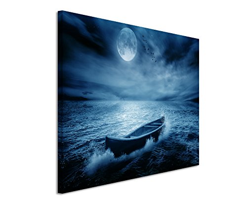 Sinus Art 120x80cm Wandbild – Farbe Blau Petrol - Leinwandbild auf Keilrahmen in Bester Qualität - Natur Landschaft Boot Meer nach Sturm Mond Himmel von Sinus Art