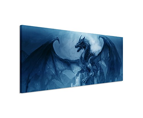 Sinus Art 150x50cm Wandbild – Farbe Blau Petrol Panoramabild Wandbild auf echter Leinwand in sehr hoher Qualität - Kampf mit Drache Schloss von Sinus Art