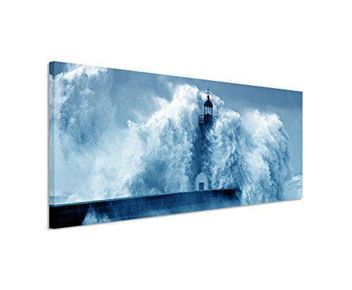 Sinus Art 150x50cm Wandbild – Farbe Blau Petrol Panoramabild Wandbild auf echter Leinwand in sehr hoher Qualität - Leuchtturm im Sturm Fluss Douro von Sinus Art