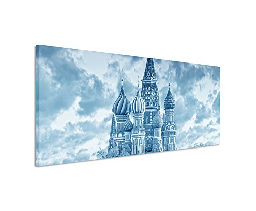 Sinus Art 150x50cm Wandbild – Farbe Blau Petrol Panoramabild Wandbild auf echter Leinwand in sehr hoher Qualität - Moskau Russland Roter Platz Basilius-Kathedrale Kirche von Sinus Art
