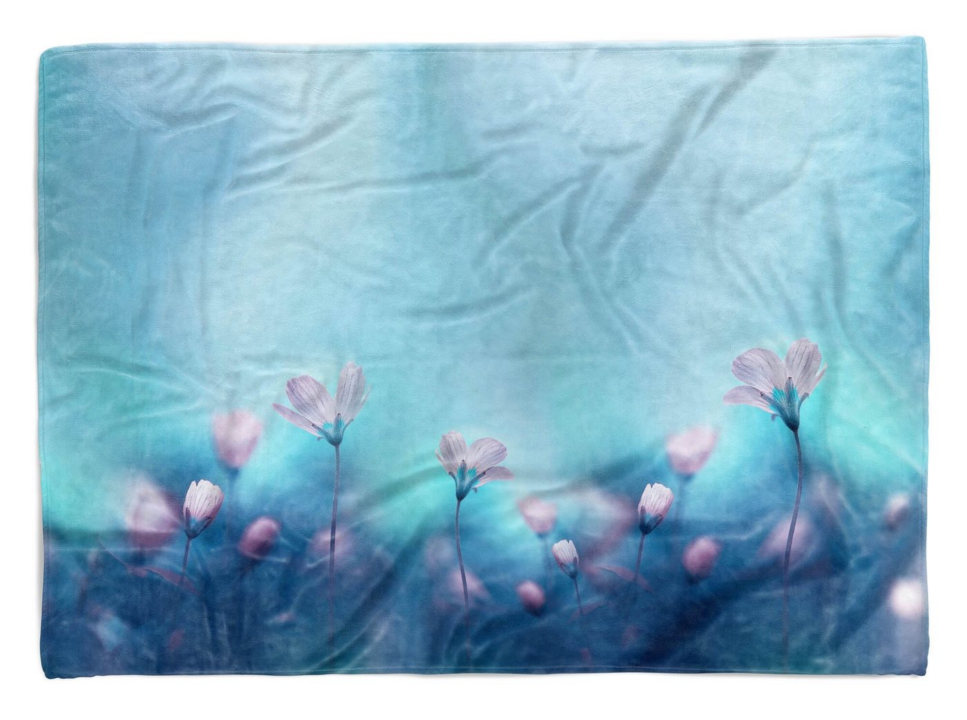 Sinus Art Handtücher Handtuch Strandhandtuch Saunatuch Kuscheldecke mit Fotomotiv weiße Blumen Blau, Baumwolle-Polyester-Mix (1-St), Handtuch von Sinus Art