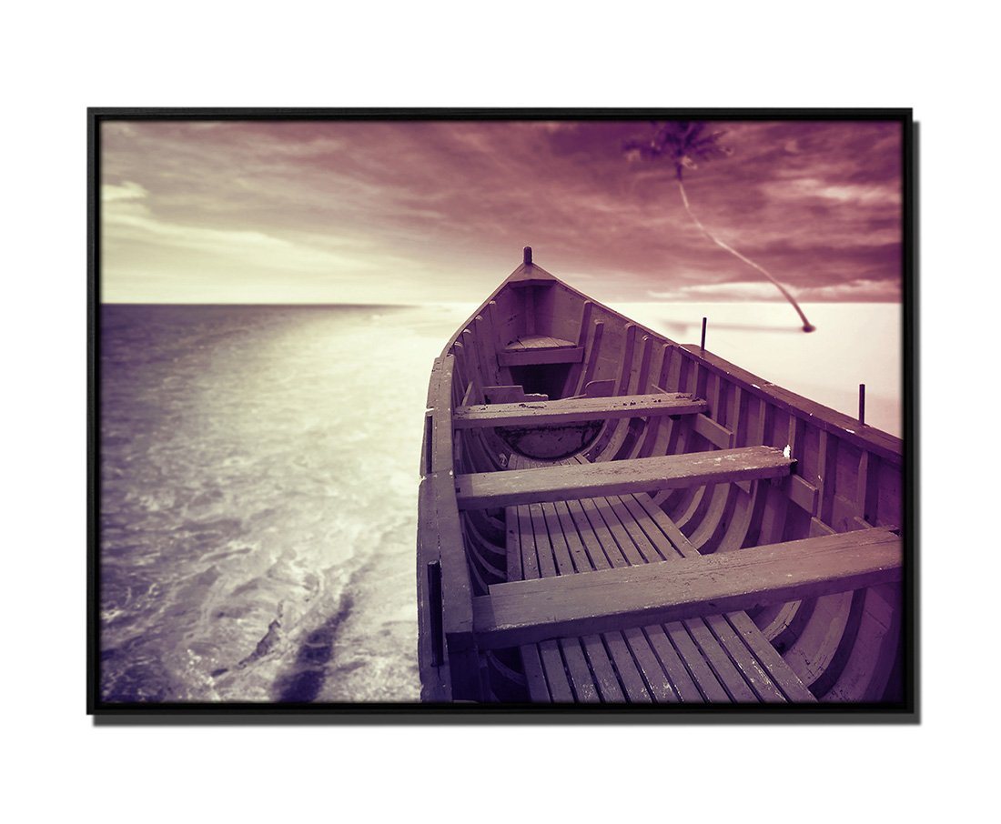 Sinus Art Leinwandbild 105x75cm Leinwandbild Petrol Holzboot am Strand von Sinus Art