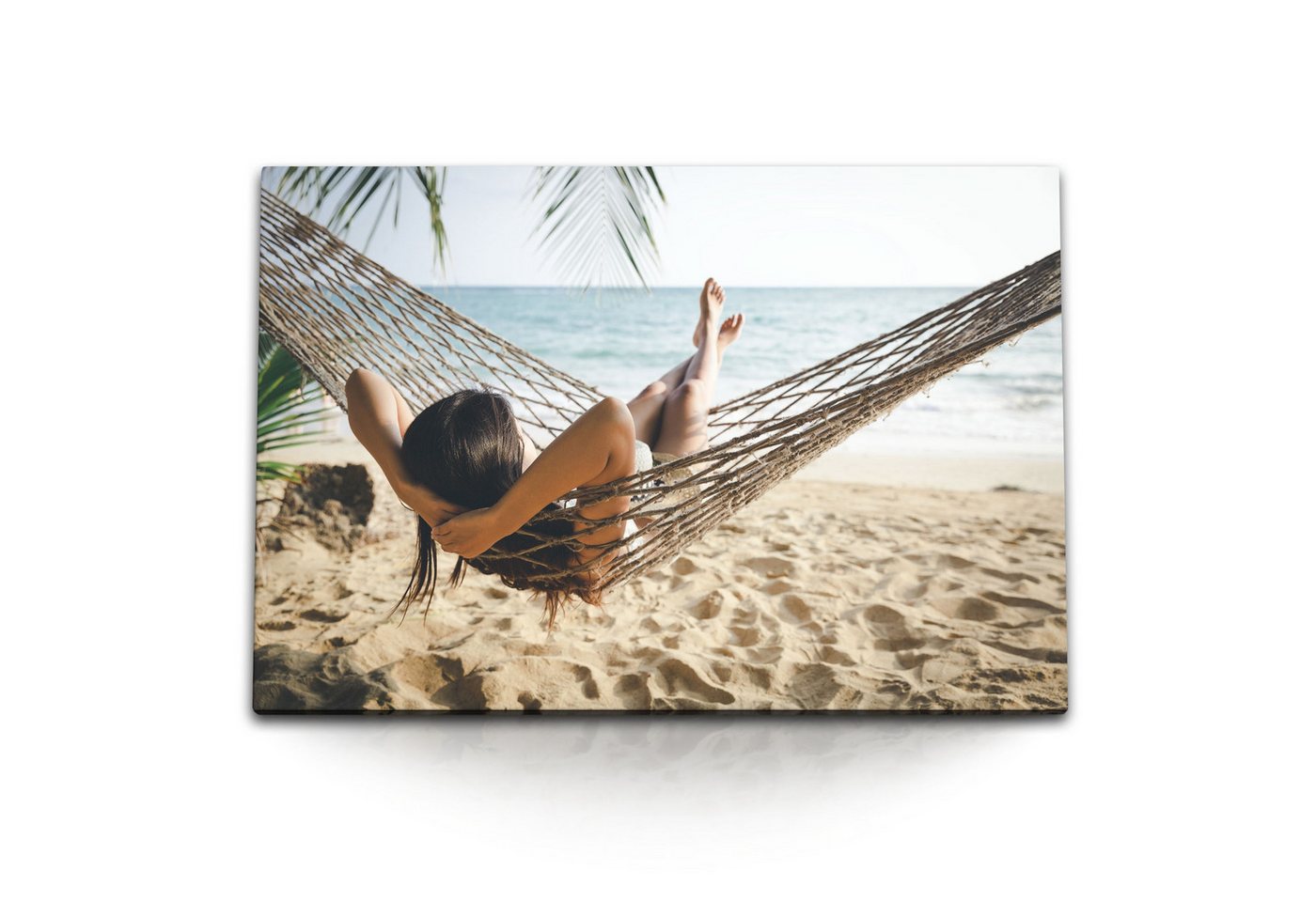 Sinus Art Leinwandbild 120x80cm Wandbild auf Leinwand Hängematte Strand Urlaub Meer Sonnensch, (1 St) von Sinus Art