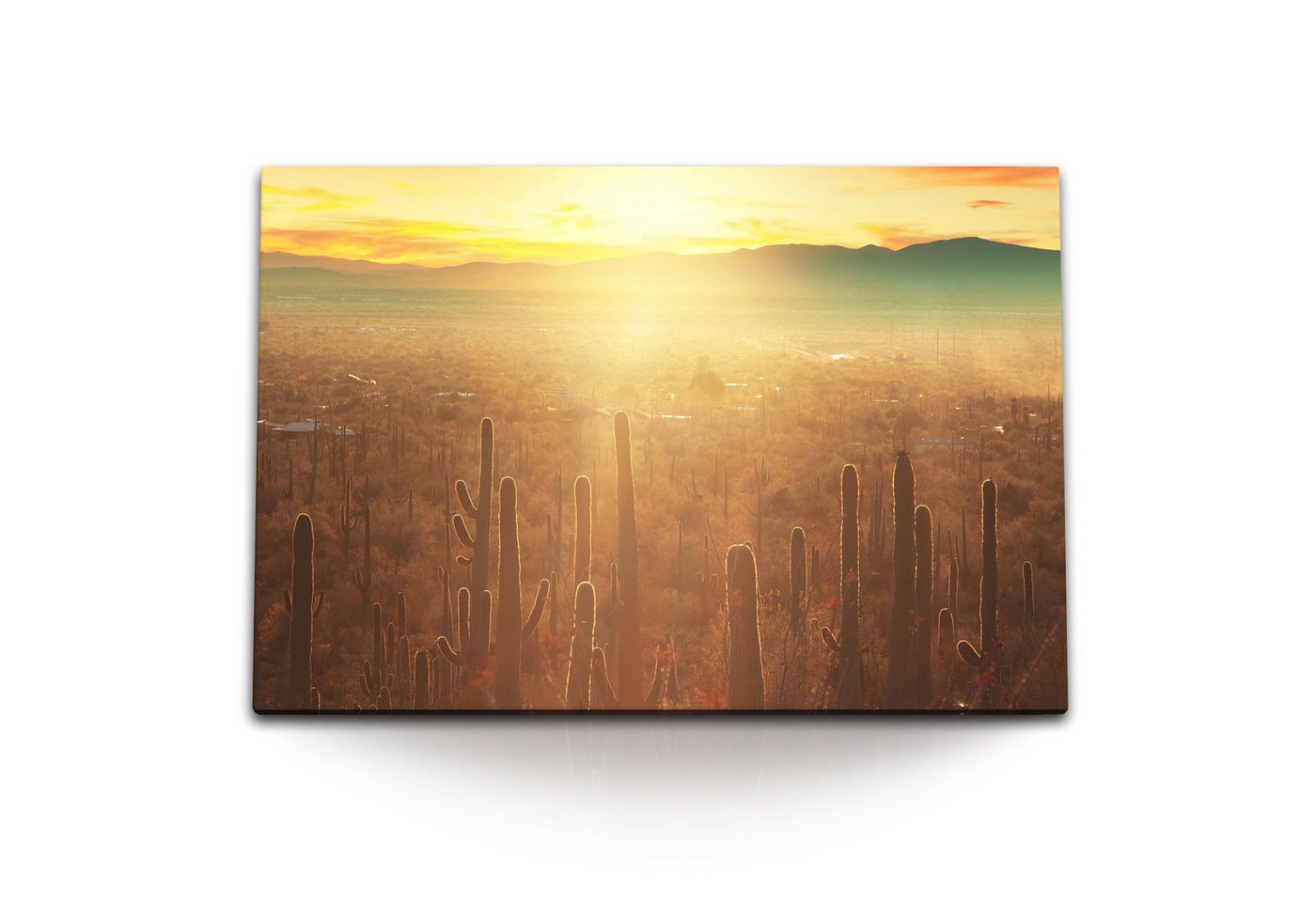 Sinus Art Leinwandbild 120x80cm Wandbild auf Leinwand Mexiko Kakteen Sonnenschein Berge Abend, (1 St) von Sinus Art