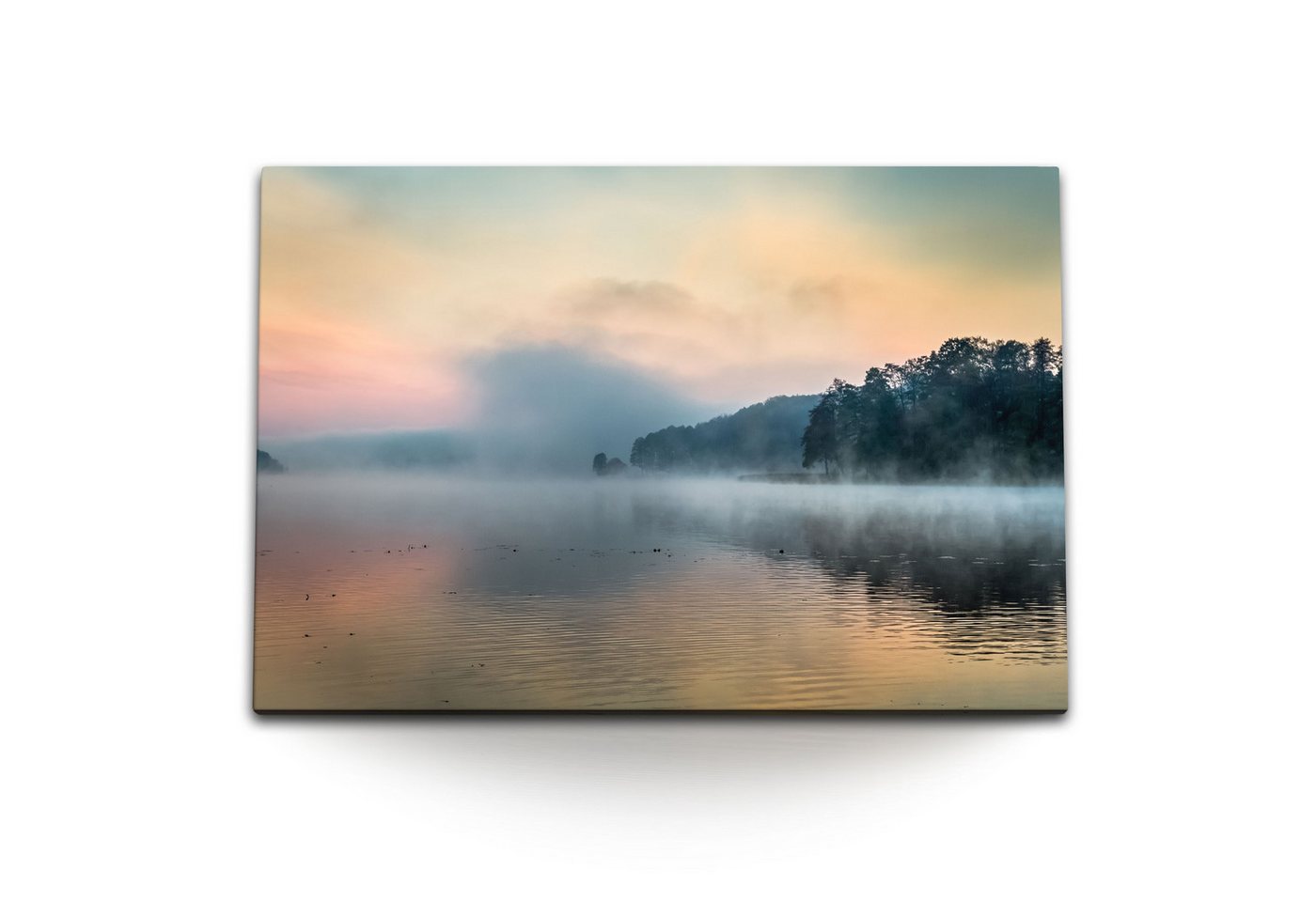 Sinus Art Leinwandbild 120x80cm Wandbild auf Leinwand Morgentau See Sonnenaufgang Nebel Natur, (1 St) von Sinus Art