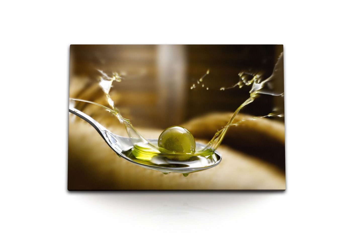 Sinus Art Leinwandbild 120x80cm Wandbild auf Leinwand Olive Löffel Olivenöl Kochen Küche Kuns, (1 St) von Sinus Art