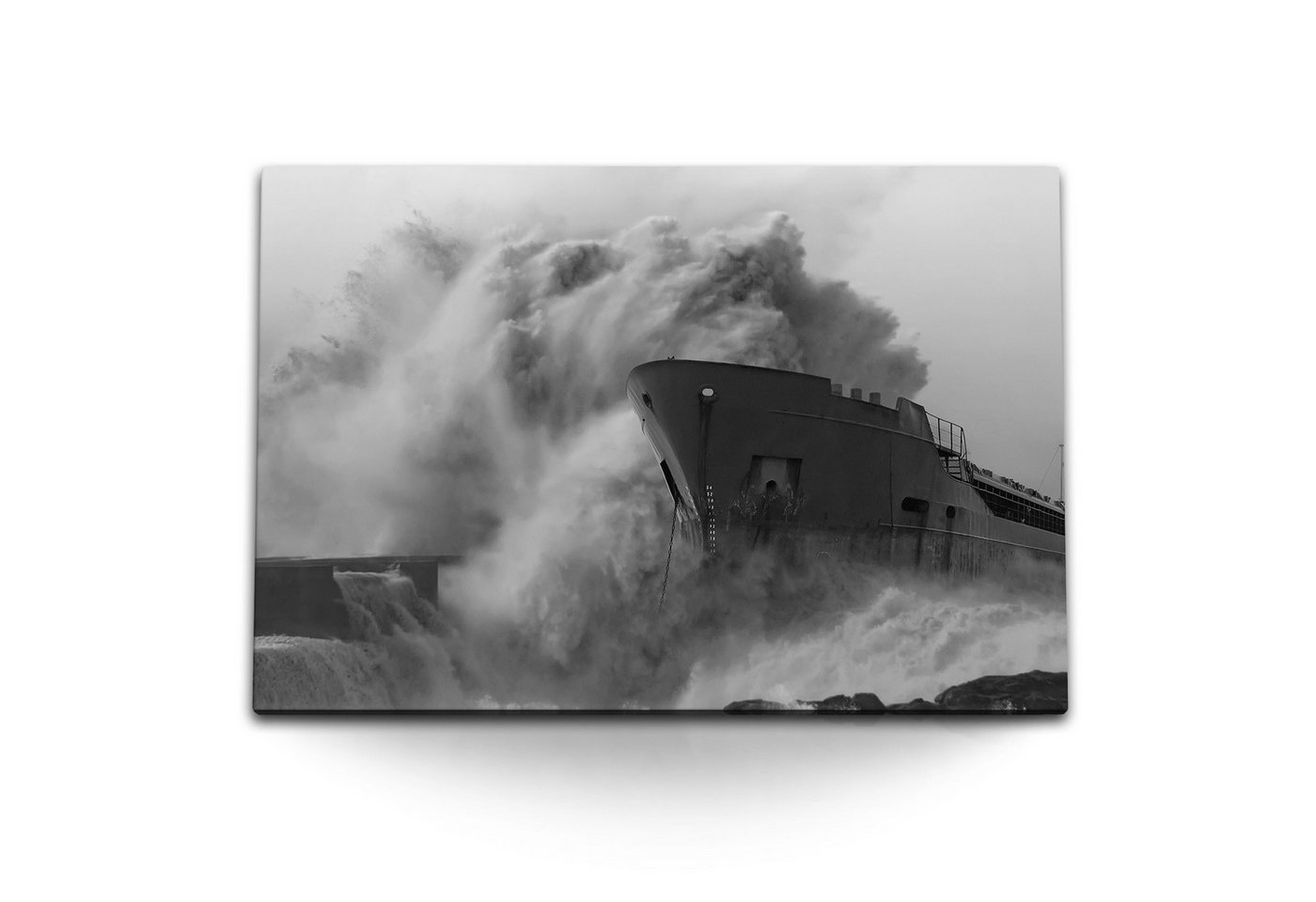 Sinus Art Leinwandbild 120x80cm Wandbild auf Leinwand Riesenwellen Küste Frachter Grau Ozean, (1 St) von Sinus Art