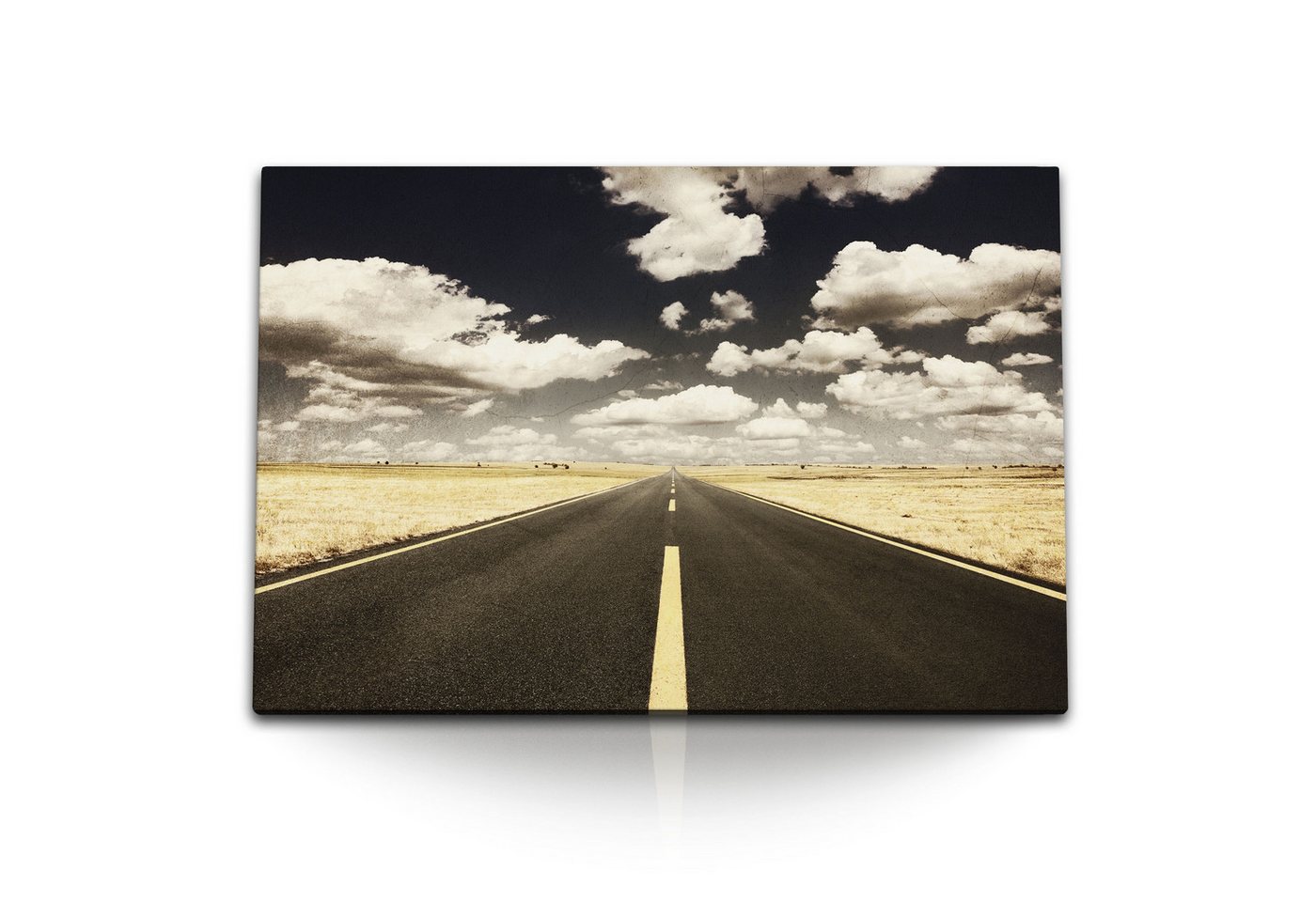 Sinus Art Leinwandbild 120x80cm Wandbild auf Leinwand Straße Horizont weiße Wolken Steppe Kun, (1 St) von Sinus Art