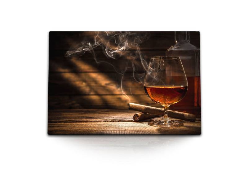 Sinus Art Leinwandbild 120x80cm Wandbild auf Leinwand Zigarren Whiskey Bar Männerzimmer Holz, (1 St) von Sinus Art