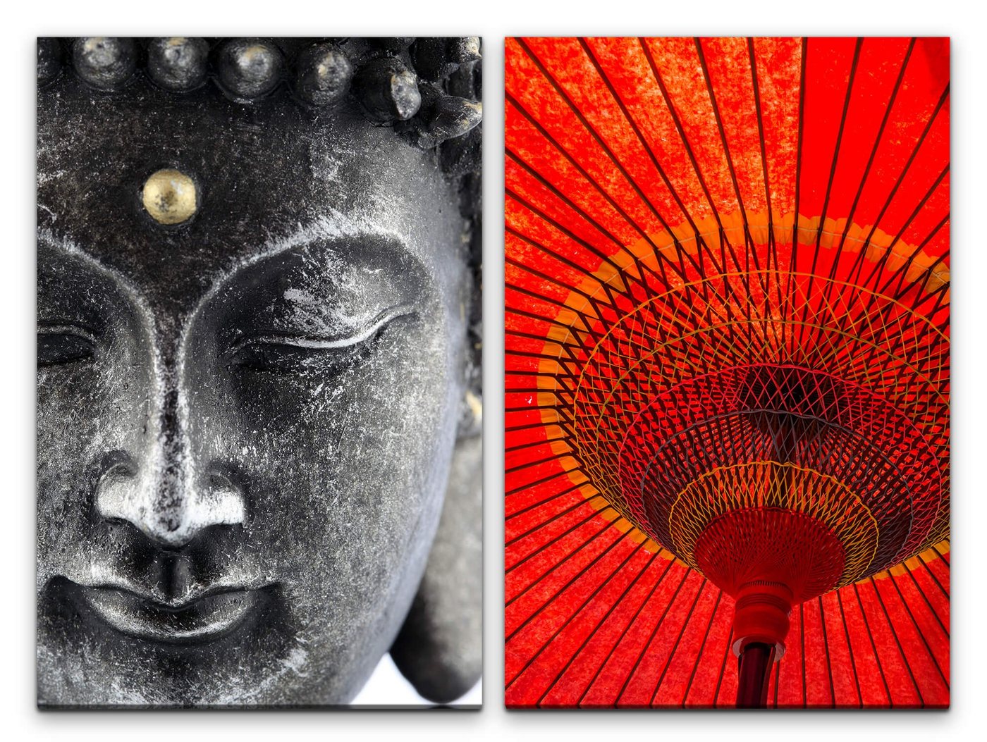 Sinus Art Leinwandbild 2 Bilder je 60x90cm Buddha Buddhakopf roter Sonnenschirm Asien Papierschirm Meditation positive Ener von Sinus Art