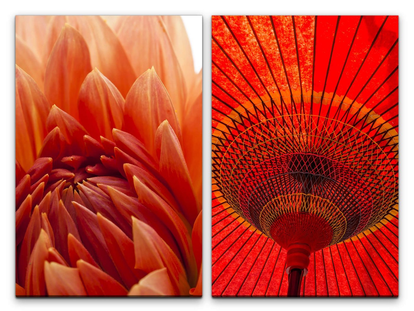 Sinus Art Leinwandbild 2 Bilder je 60x90cm Dahlie rote Blüte roter Sonnenschirm Asien Papierschirm Harmonisch Warm von Sinus Art