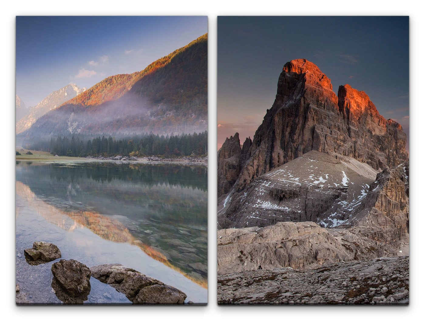 Sinus Art Leinwandbild 2 Bilder je 60x90cm Dolomiten Berge freie Natur klares Wasser Bergsee Frische Kühle von Sinus Art