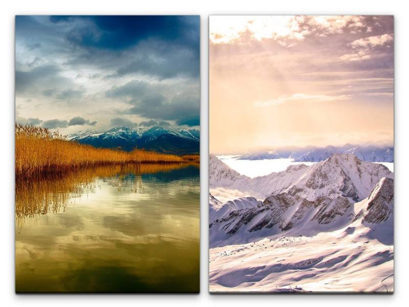 Sinus Art Leinwandbild 2 Bilder je 60x90cm Gebirge Schnee See Natur Unberührt warmes Licht positive Energie von Sinus Art