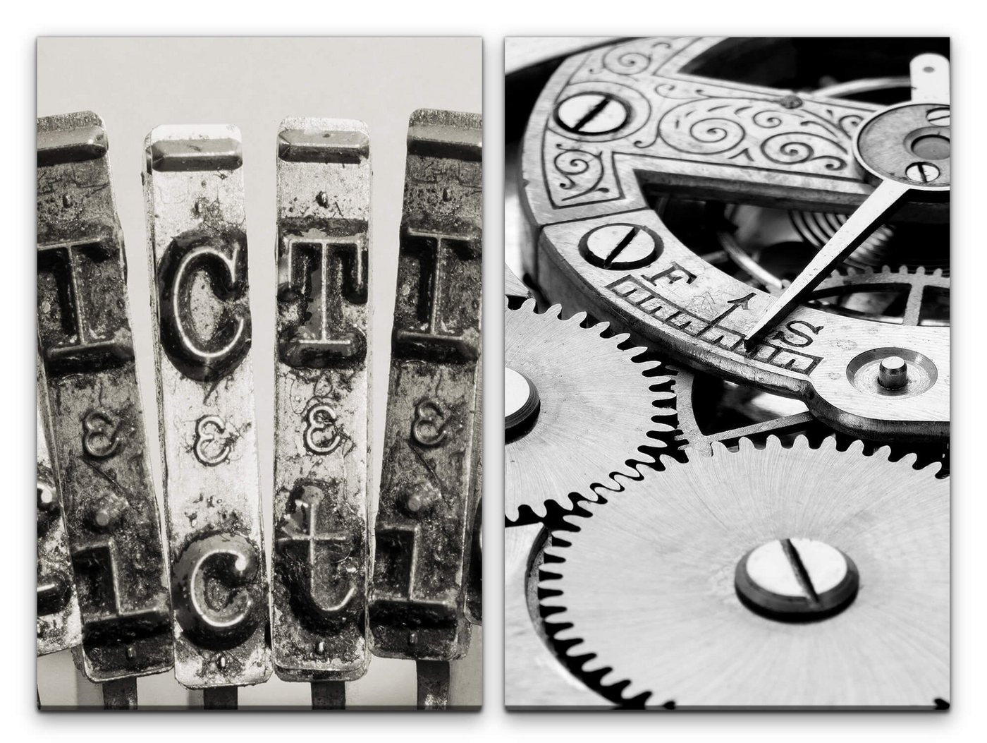 Sinus Art Leinwandbild 2 Bilder je 60x90cm Schreibmaschine Buchstaben Zahnräder Uhrwerk Zeit Schwarz Weiß Uhr von Sinus Art