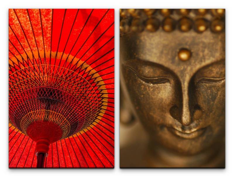 Sinus Art Leinwandbild 2 Bilder je 60x90cm Sonnenschirm Rot Papierschirm Buddha Asien Fernost Meditation von Sinus Art