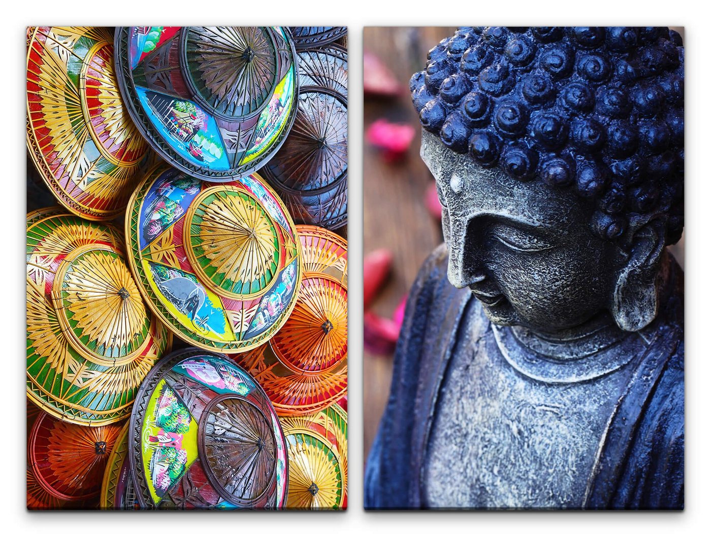 Sinus Art Leinwandbild 2 Bilder je 60x90cm Sonnenschirme Buddha Fernost Traditionell Papierschirm Meditation Bunt von Sinus Art