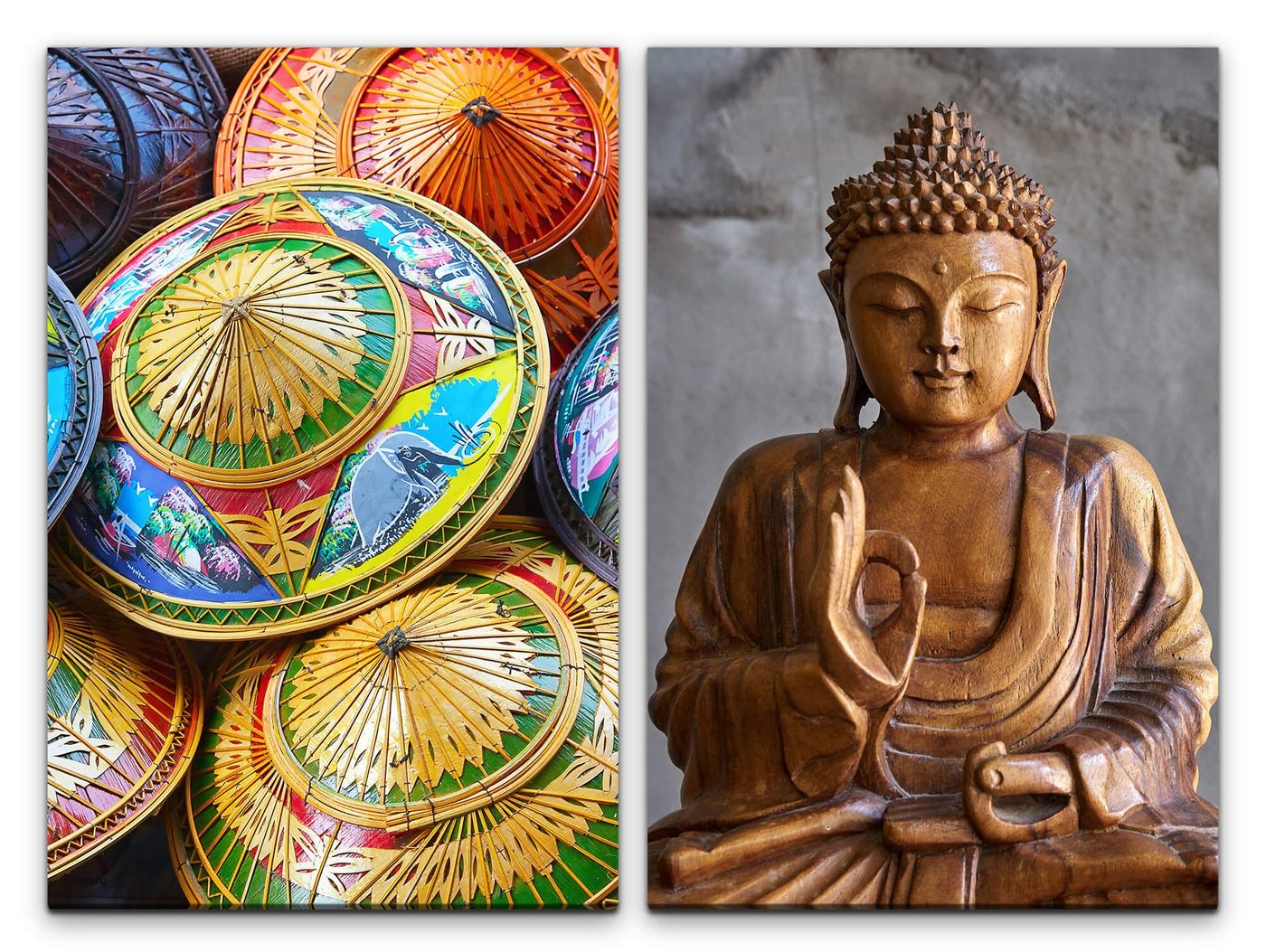 Sinus Art Leinwandbild »2 Bilder je 60x90cm Sonnenschirme Bunt Asien Traditionell Buddha Meditation Yoga« von Sinus Art