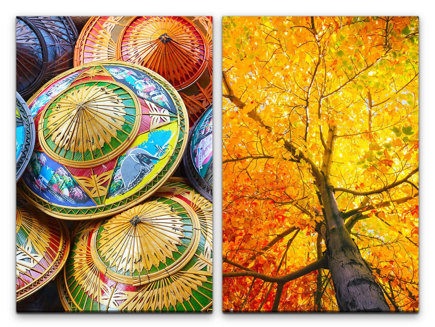 Sinus Art Leinwandbild 2 Bilder je 60x90cm Sonnenschirme Bunt Baumkrone goldene Blätter warmes Licht Dekorativ Farbenfroh von Sinus Art