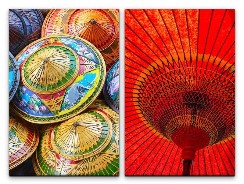 Sinus Art Leinwandbild 2 Bilder je 60x90cm Sonnenschirme Rot Asien Traditionell Papierschirm Kunstvoll Farbenfroh von Sinus Art