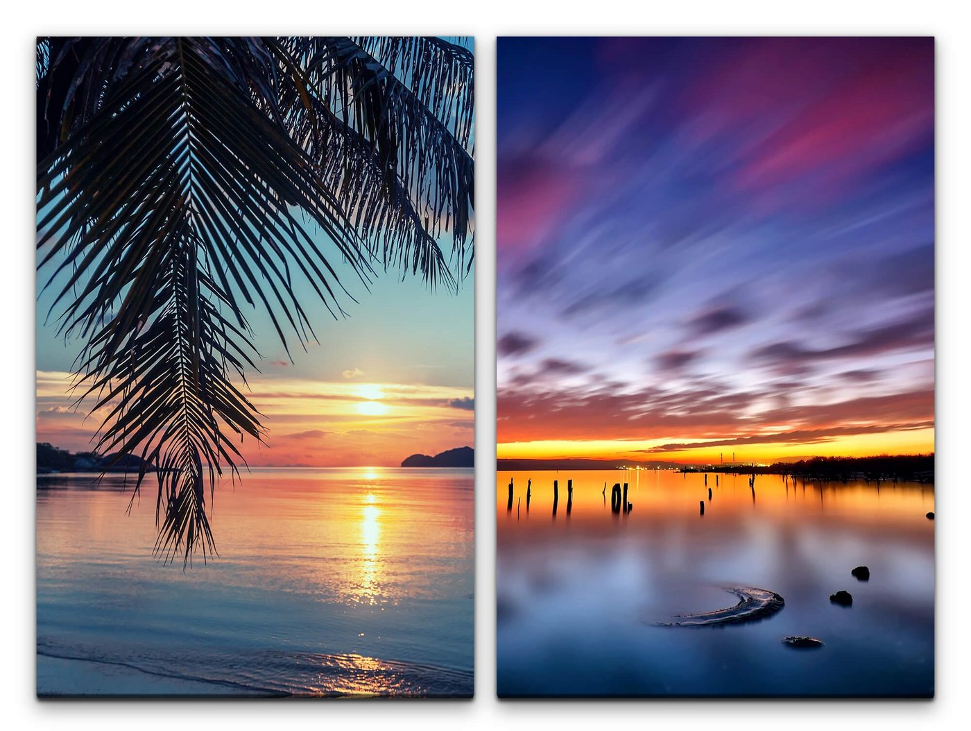 Sinus Art Leinwandbild 2 Bilder je 60x90cm Südsee Paradies Palmen Traumstrand Erholung Sonnenuntergang Sommer von Sinus Art