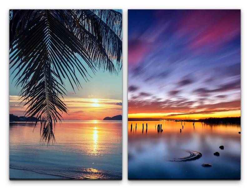 Sinus Art Leinwandbild 2 Bilder je 60x90cm Südsee Paradies Palmen Traumstrand Erholung Sonnenuntergang Sommer von Sinus Art