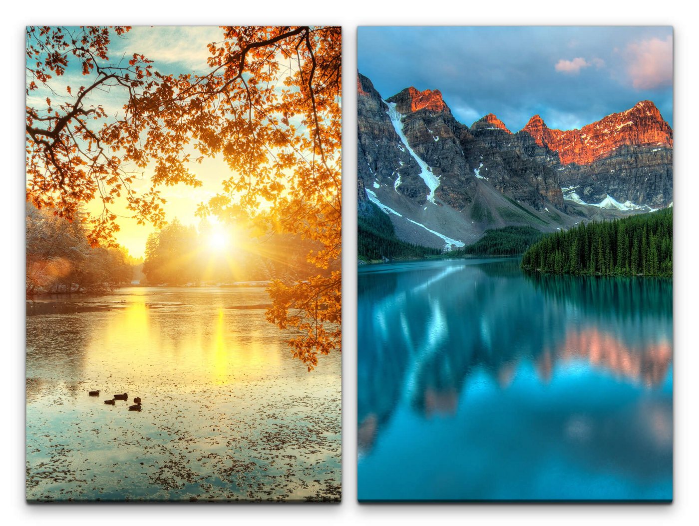 Sinus Art Leinwandbild 2 Bilder je 60x90cm Teich Enten Herbst Sonnenstrahlen Berge Bergsee Erholsam von Sinus Art