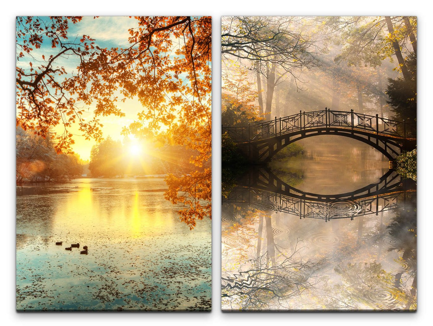 Sinus Art Leinwandbild 2 Bilder je 60x90cm Teich See Enten Herbst Holzbrücke Idyllisch Märchenhaft von Sinus Art