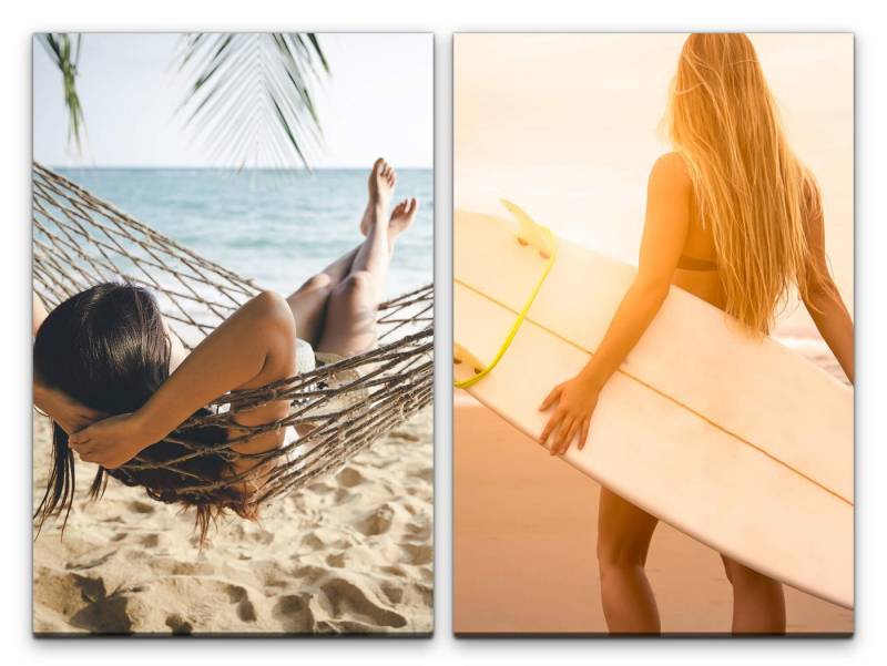 Sinus Art Leinwandbild 2 Bilder je 60x90cm Urlaub Hängematte Traumstrand Surfbrett Surferin Sonne Relaxen von Sinus Art