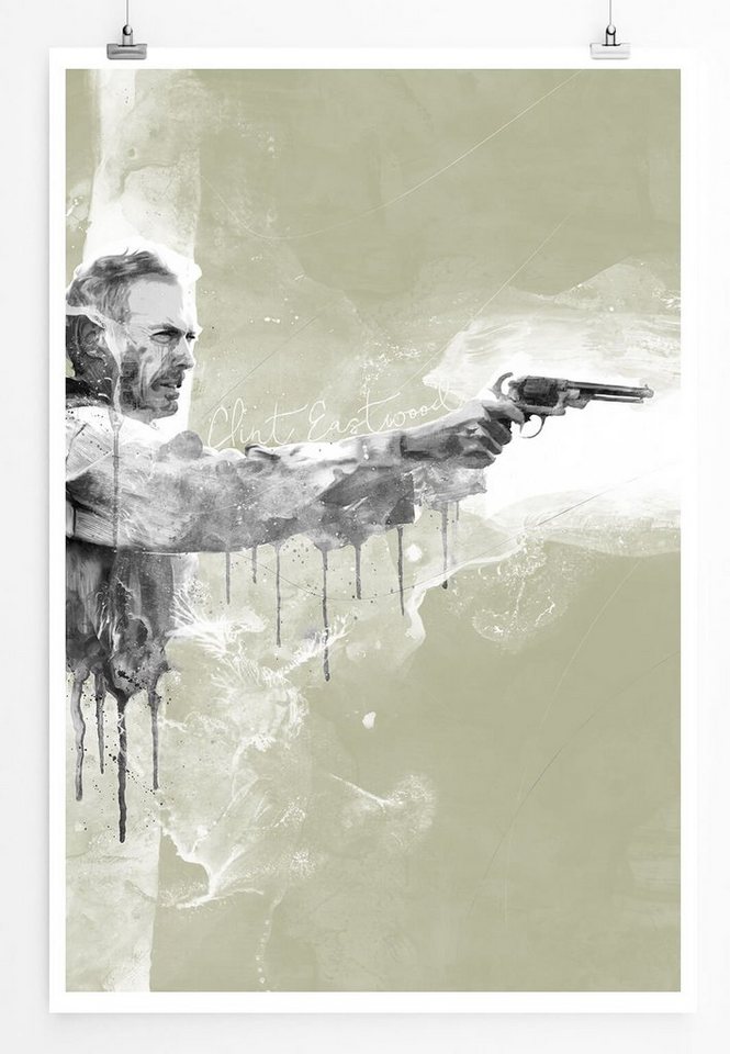 Sinus Art Leinwandbild Clint Eastwood 90x60cm Paul Sinus Art Splash Art Wandbild als Poster ohne Rahmen gerollt von Sinus Art