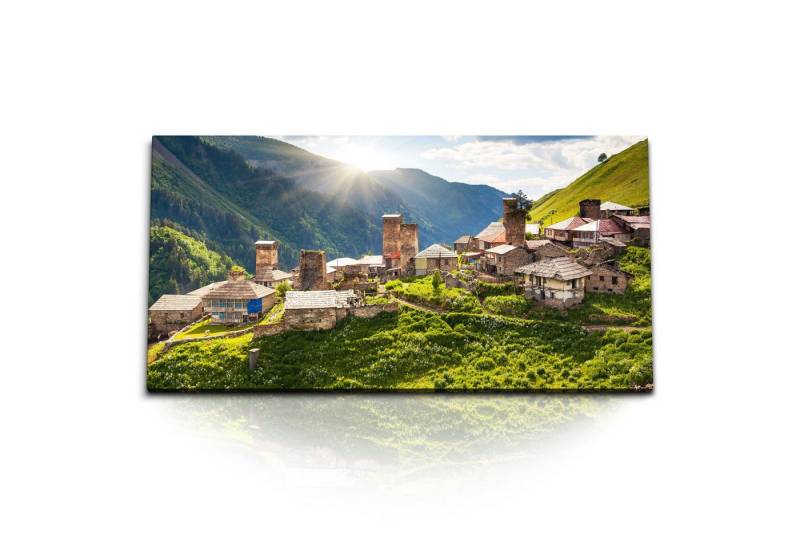 Sinus Art Leinwandbild Kunstdruck Bilder 120x60cm Georgien Bergdorf Berge Natur Steinhäuser S, (1 St) von Sinus Art
