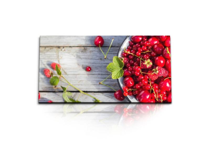 Sinus Art Leinwandbild Kunstdruck Bilder 120x60cm Rote Früchte Himbeeren Kirschen Holz Schüss, (1 St) von Sinus Art